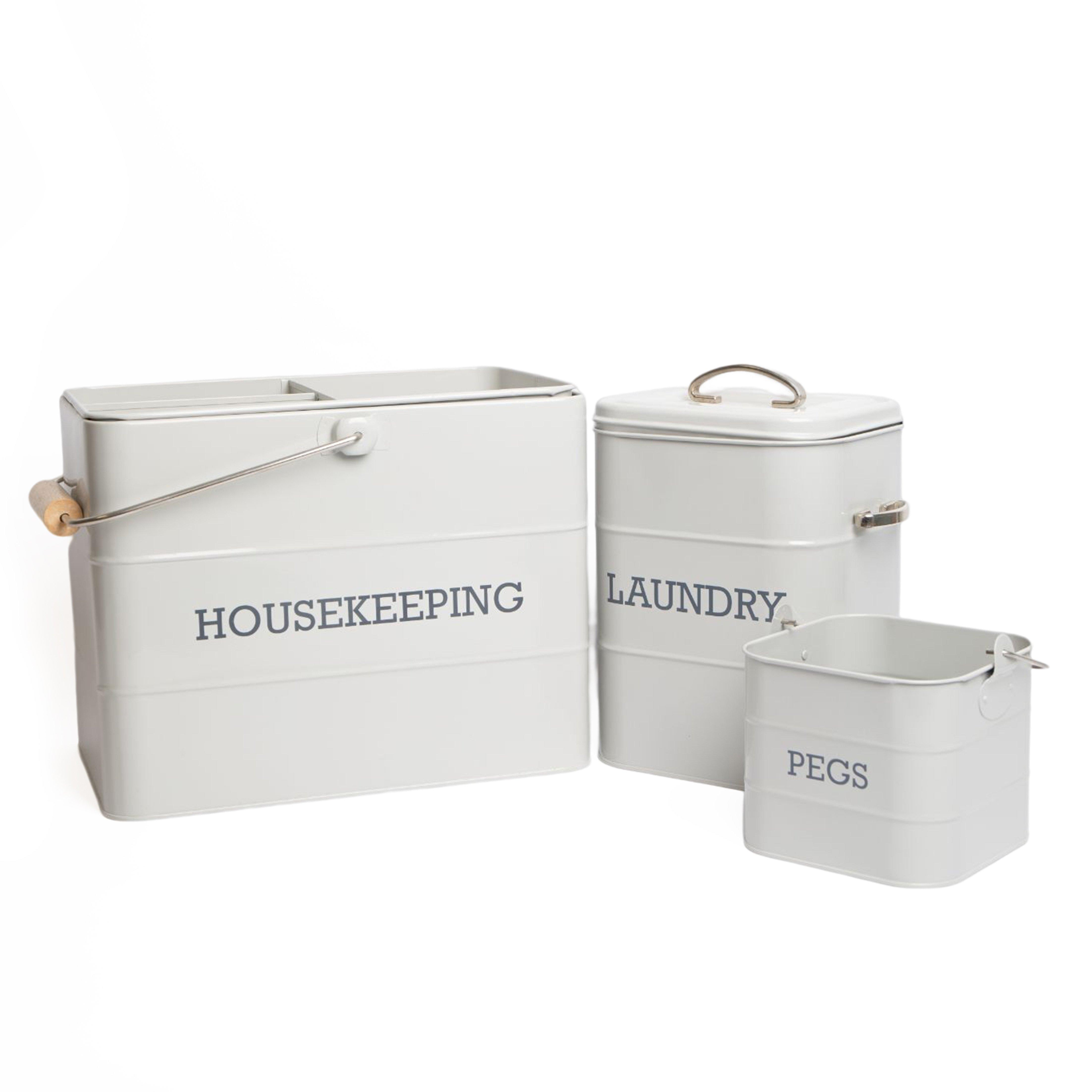 3pc French Grey Housekeeping Storage Set with Stainless Steel Housekeeping Tin, Laundry Tin and Peg 